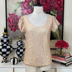 Traleubie Women's Sequined Flutter Short Sleeve Blouse Apricot Size Small NWT